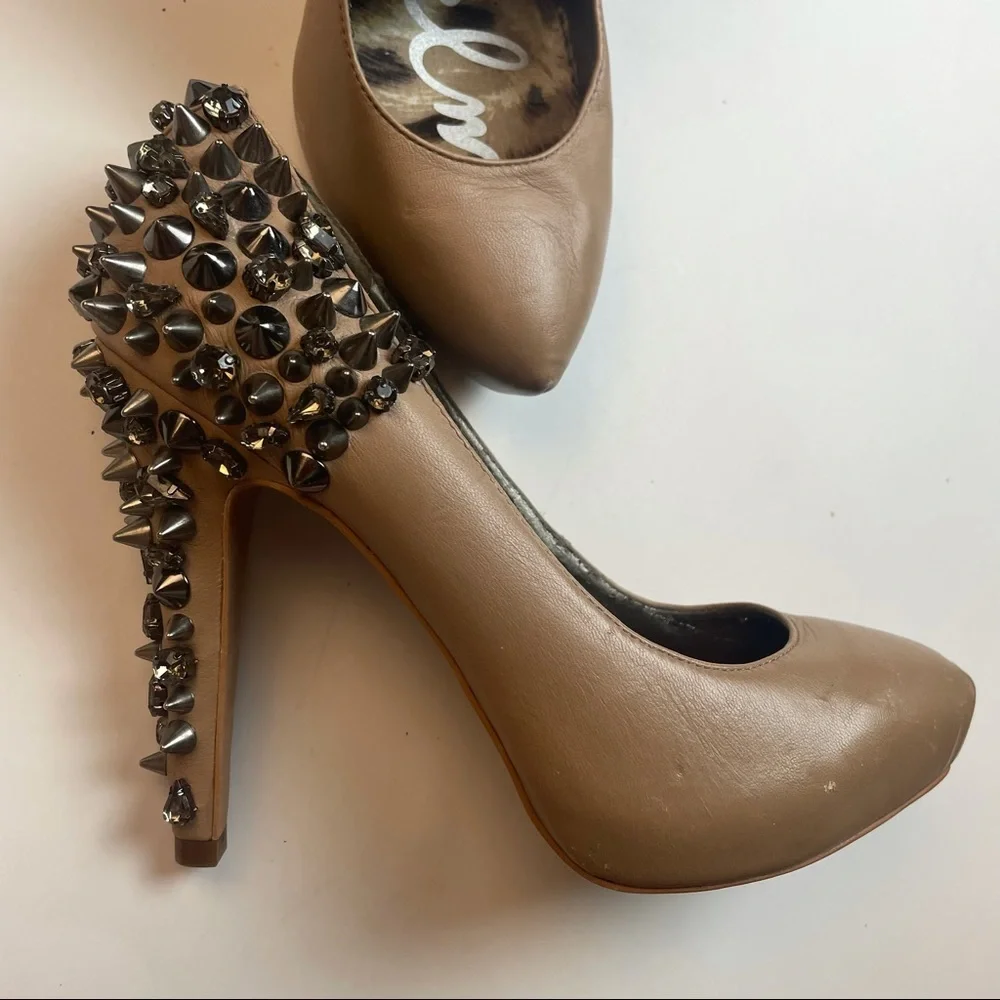 Sam Edelman Nude Spiked Leather Heels Size 6 - Picture 13 of 16